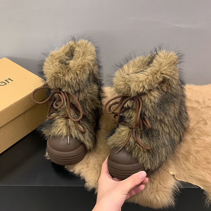 Women's Vintage Furry Chunky Winter Boots - Thick-Soled Cold-Resistant Round-Toe PU Cover-like Synthetic Upper with Plush Faux Fur Lining, Brown\u002FBlack\u002FCoffee Color Options, Slip-Resistant Rubber Sole & Buckle Closure for Snow, Ice, and Everyday