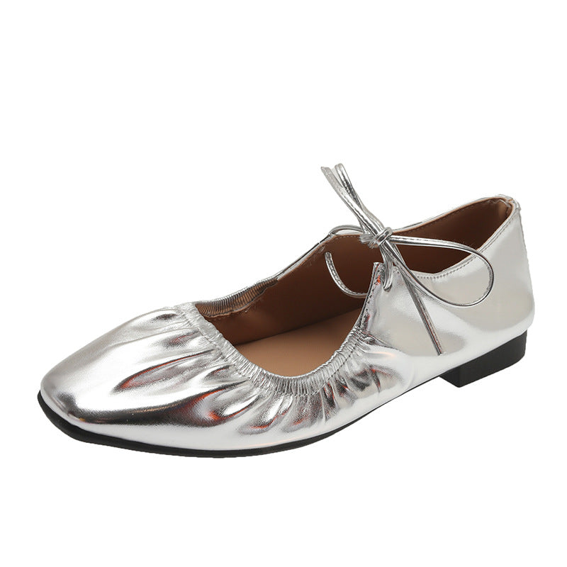 Metallic Pleated Detail Square Toe Flat Shoes Charming Outdoor Flat Shoes French Soft Cover Soft Bottom Retro Beautiful Flat Shoes Niche Lace-up Loafers Golden Silvery Mary Jane Single Shoes Women Women's shoes, Designer Shoes for Women, Shoes for Women C
