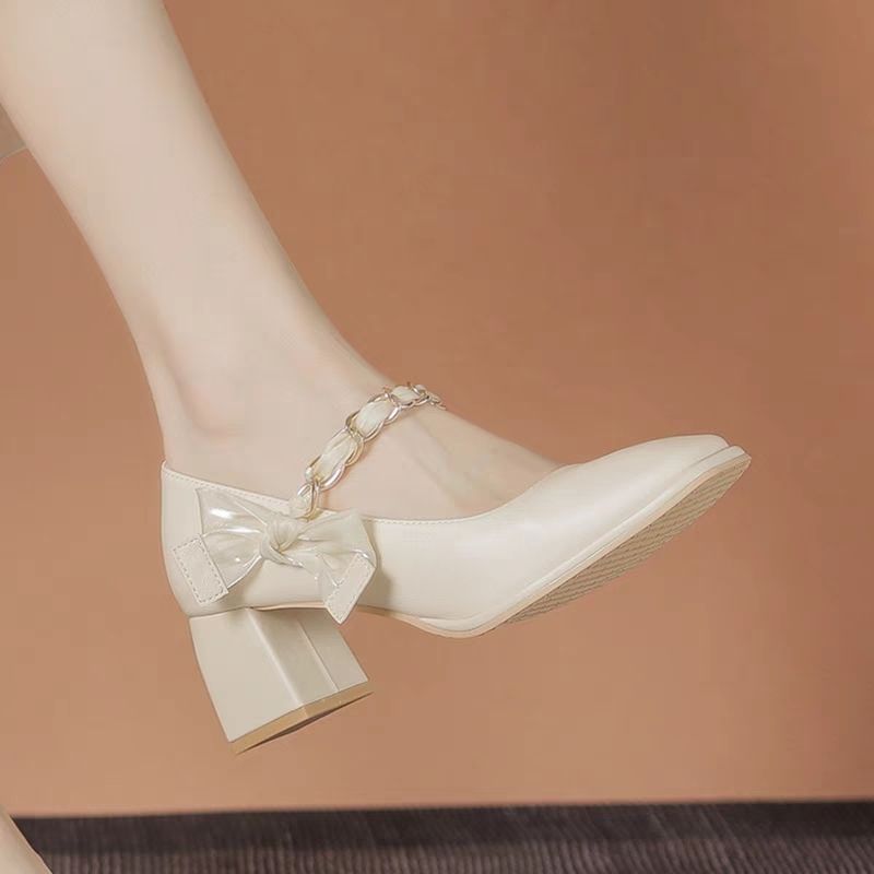 Elegant Retro Mary Jane Shoes - Square Toe, High Heels with Sequin Detail, PU Cover & Rubber Sole, Summer Women'S Fashion Footwear, Ladies Shoes