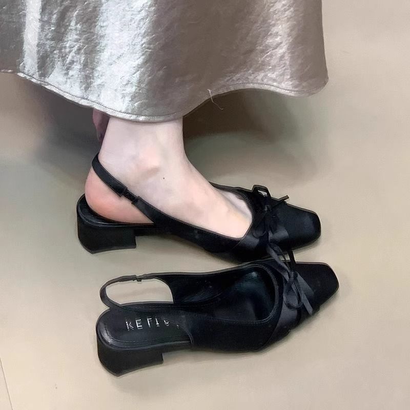 Women's Chunky Heel Closed-Toe Sandals - Pull-On Closure, Elegant French Shoes in Black\u002FWhite\u002FPink Beige - Cushioned PVC Insole & Non-Slip Rubber Outsole - Formal\u002FCasual Events - Easy-Clean PU Cover, Chunky Heel Sandals, Event Footwear, Bow