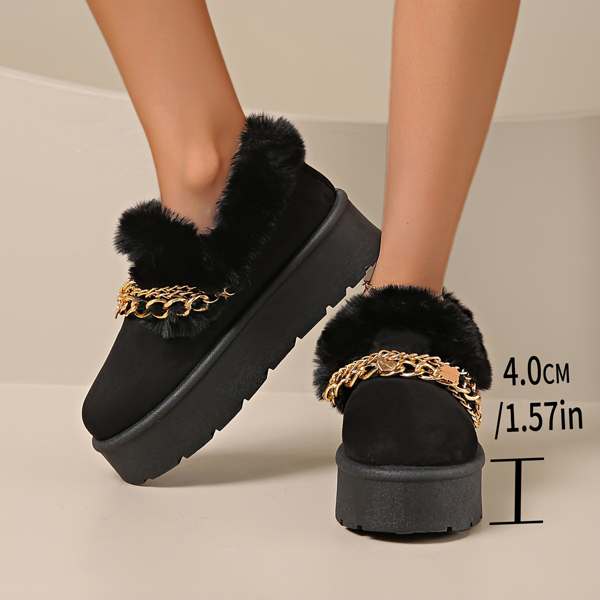 Women's Cozy Faux Fur-Lined Slipper Boots with Golden Chain Detail - Warm, Comfy, and Stylish Black Platform Ankle Boots for Indoor or Outdoor Use, Outdoor Slippers | Fashionable Snow Boots | Textured Fabric Upper, Ladies Slippers