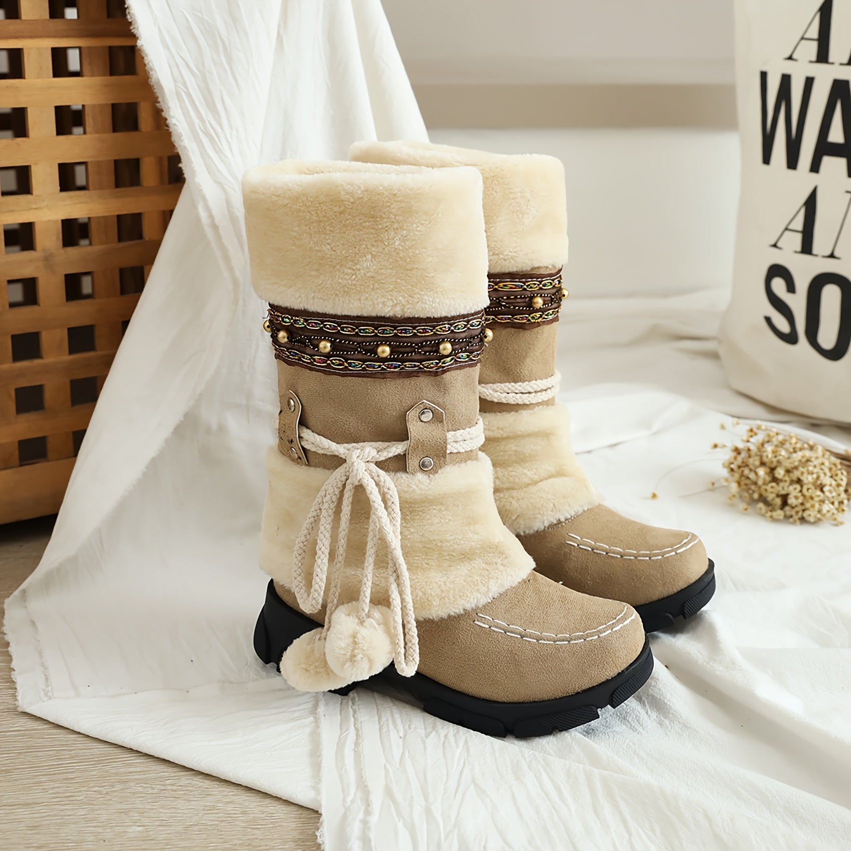 Women's Mid-Calf Slip-On Winter Snow Boots, Cozy Faux Fur Lined with Decorative Studs & Pom-Poms, Warm Suede Round Toe High Quality Booties for Cold Weather, Cold Weather Gear | Fabric Inner Lining, Winter Boots