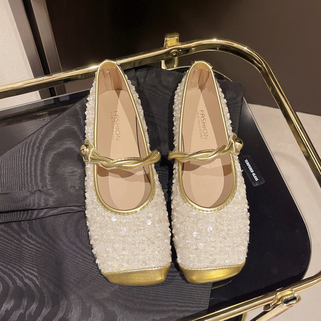 Women's French Single Shoes - Beige & Golden Glam Flat Sole Closure Flats, Low-Cut One-Strap Closure, All-Season Party & Everyday Shoes for Women - Elegant European Flair Footwear, Casual Elegance, Chic Flats, Decorative Straps, Fashion Lovers