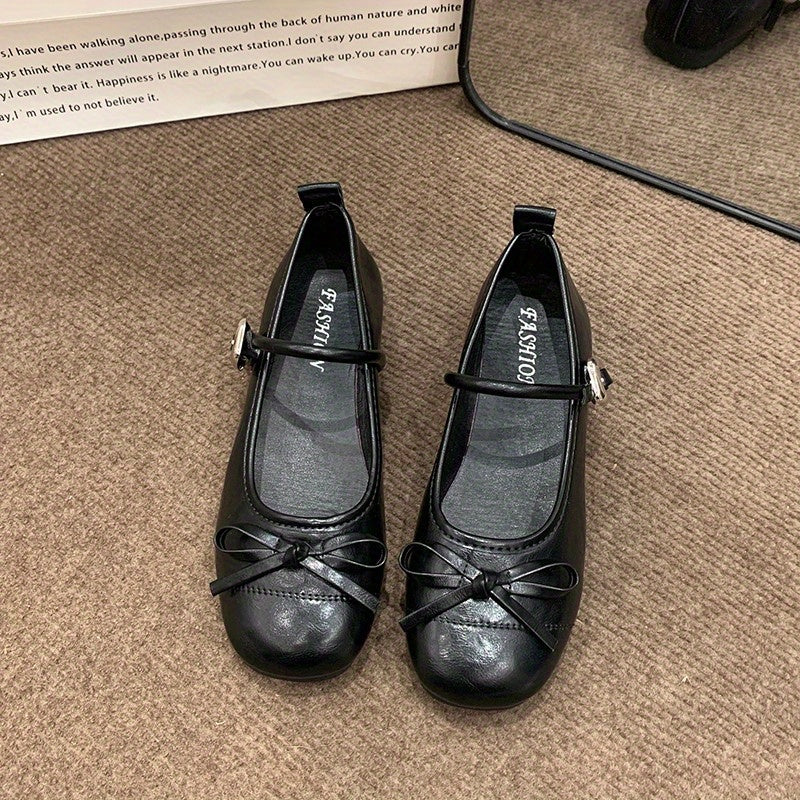 Women's Flat Shoes with French Bow and British Style Single Strap Buckle, Allseason Wear, Classic Flats, Suedelike Finish, Round Toe, Fashionconscious Women