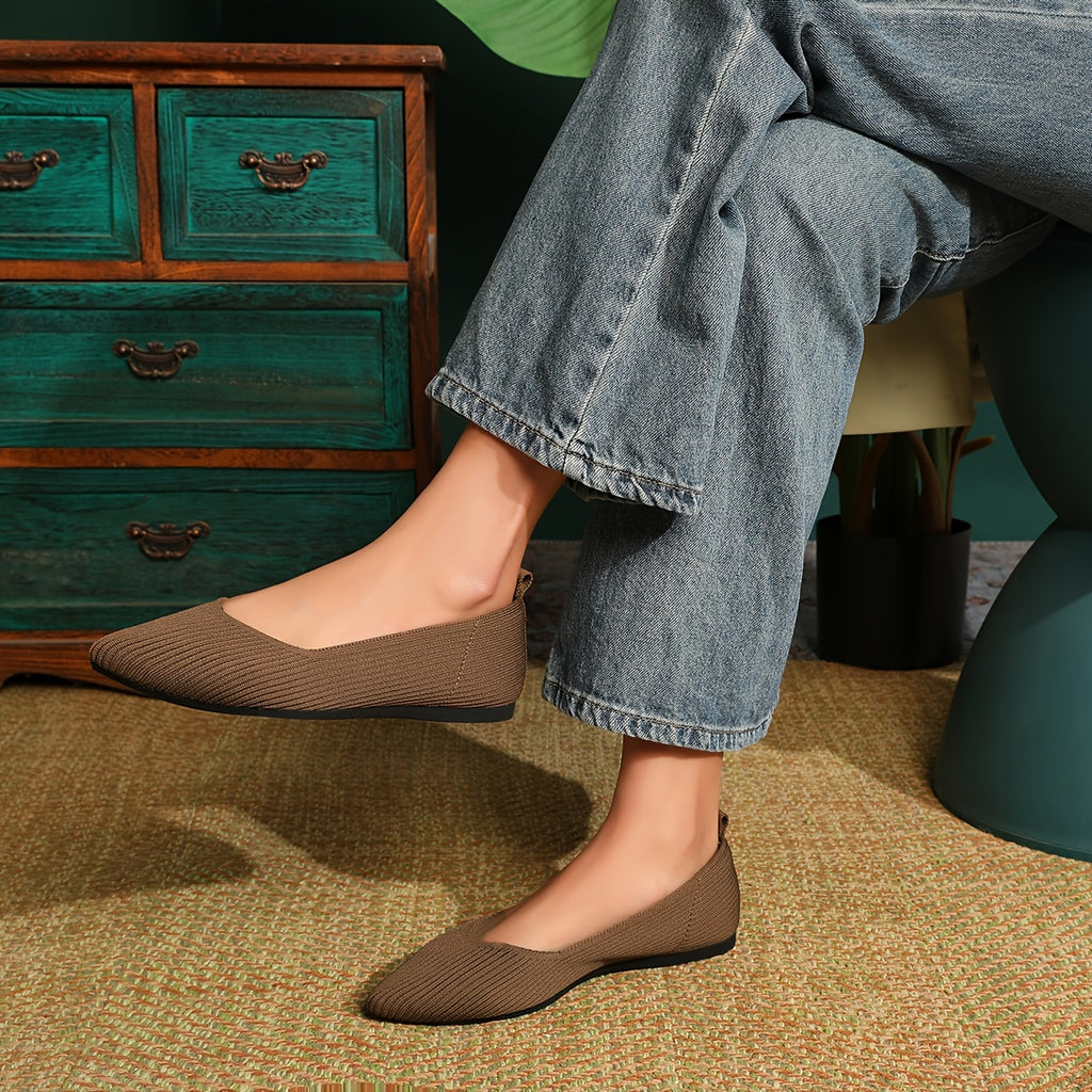 Women's Elegant Knit Ballet Flats - Pointed Toe, Lightweight Slip-On Design, Comfortable Dress Shoes with Ribbed Texture and Contrasting Color Accents, Versatile Footwear|Elegant Slipon Shoes|Fabric Upper Flats