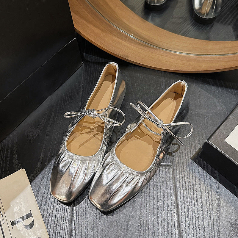 Metallic Pleated Detail Square Toe Flat Shoes Charming Outdoor Flat Shoes French Soft Cover Soft Bottom Retro Beautiful Flat Shoes Niche Lace-up Loafers Golden Silvery Mary Jane Single Shoes Women Women's shoes, Designer Shoes for Women, Shoes for Women C