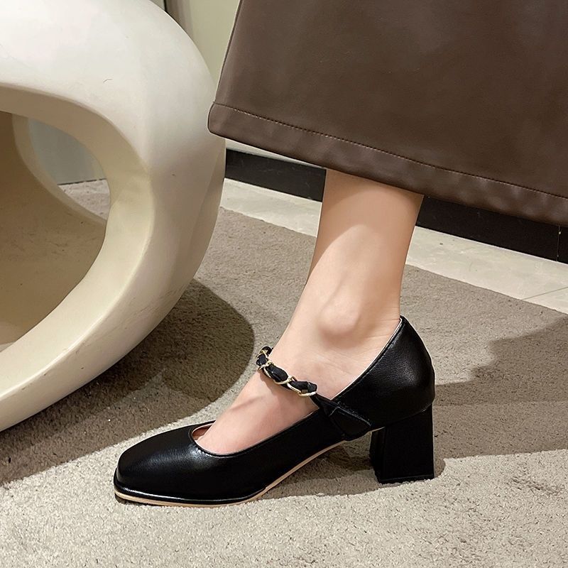 Elegant Retro Mary Jane Shoes - Square Toe, High Heels with Sequin Detail, PU Cover & Rubber Sole, Summer Women'S Fashion Footwear, Ladies Shoes