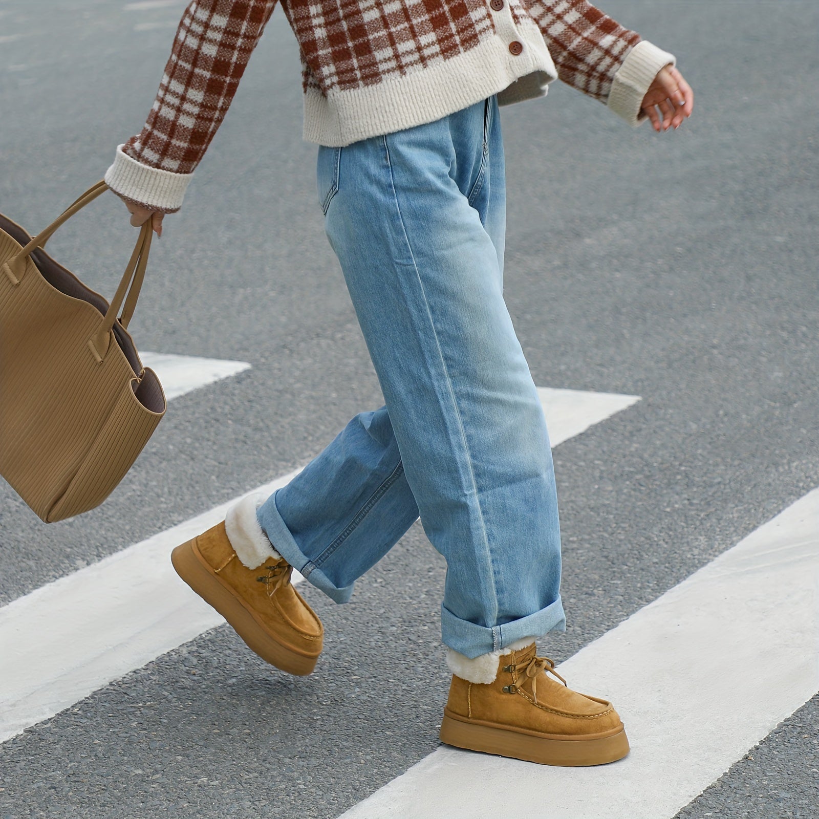 BACIA Platform Boots For Women Winter Boots Suede With Faux Fur Interior Lace Up Snow Boots