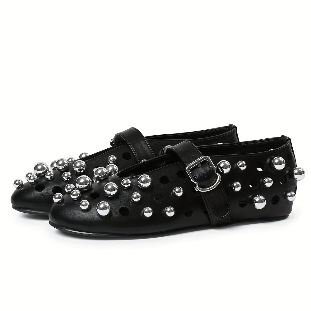 Lightweight Design| Women's Black Rivet Mary Jane Flats with Buckle Strap – Elegant Round Toe, Studded Detail, Comfortable Low Heel, Luxury Ballet Style, Ballet Shoes