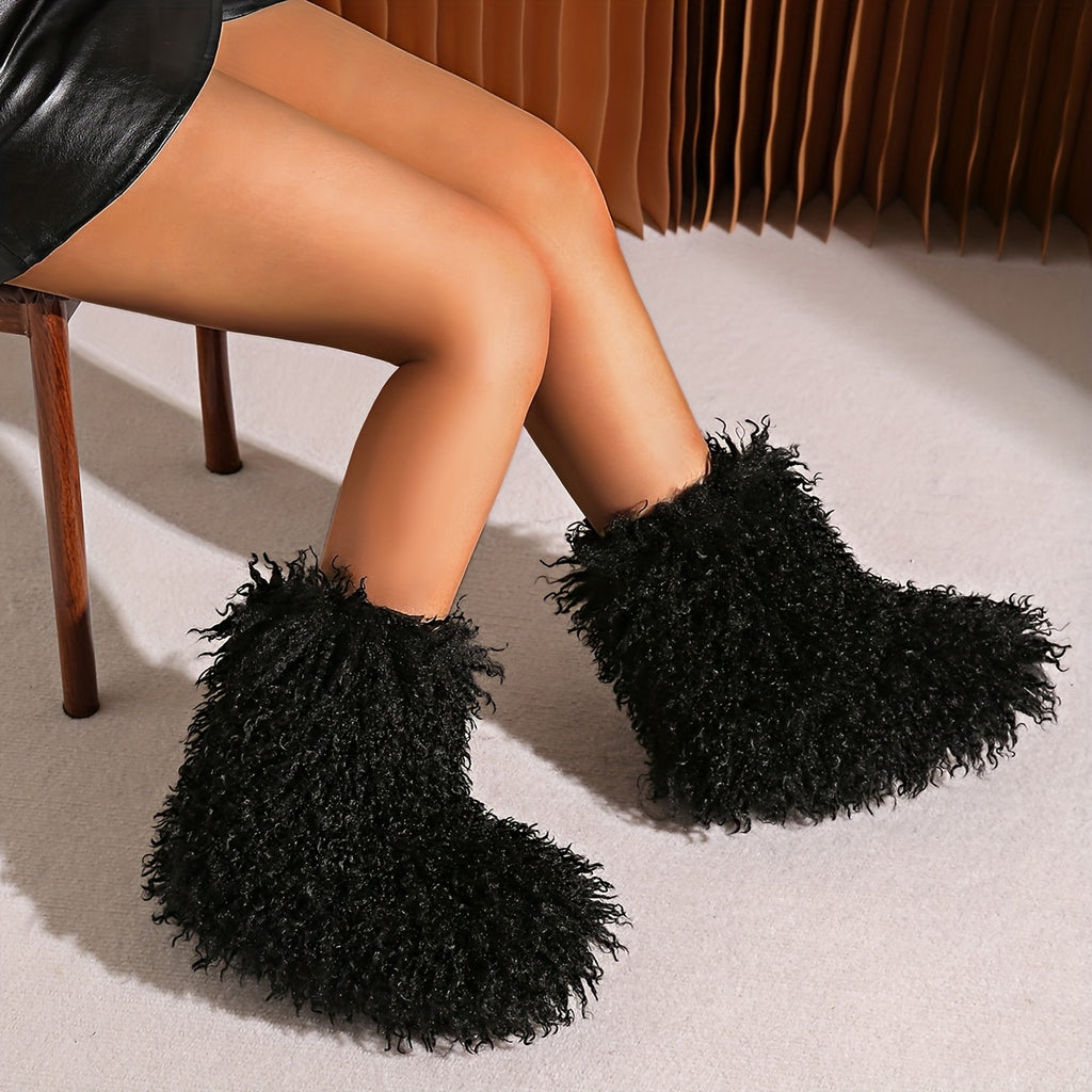 2025 Winter New Arrival Furry Faux Fur Boots Mid-Calf Tassel Outdoor Snow Boots Fashionable Cute Warm Puffy Short Mid-Calf Boots