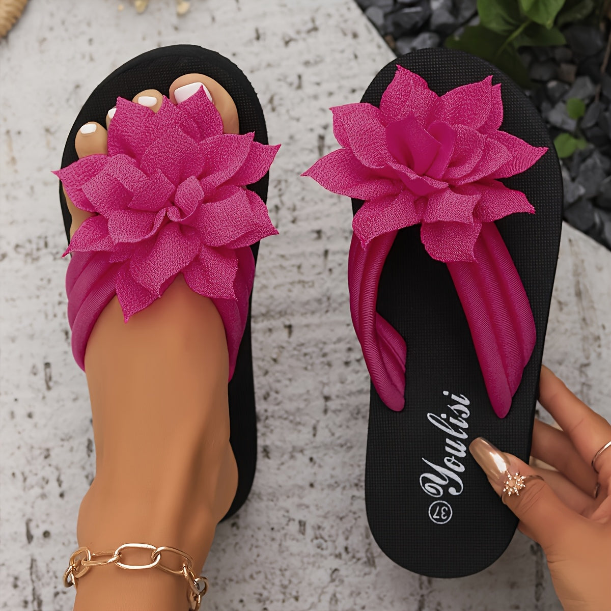 Ladies' Black Floral One-Strap Open Toe Sandals - EVA Insole, Anti-Slip Rubber Outsole - All-Season Indoor\u002FOutdoor Casual - Daily\u002FFormal Use - Breathable, Comfortable Slippers - Fashionable Home Shoes, Summer Essential