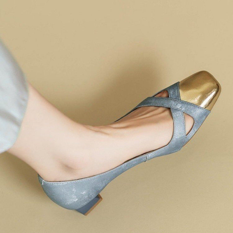 Women'S Vintage French Mary Jane Shoes - Pointed Toe Flat Heel with Round Toe Cutout, Soft Fabric Lining & Comfortable Cushioned Insole, Retro Elegant Pull-On Closure, Durable Rubber Sole - Beige & Blue Color-Block Design for Fall, Casual & Semi-Formal Ou