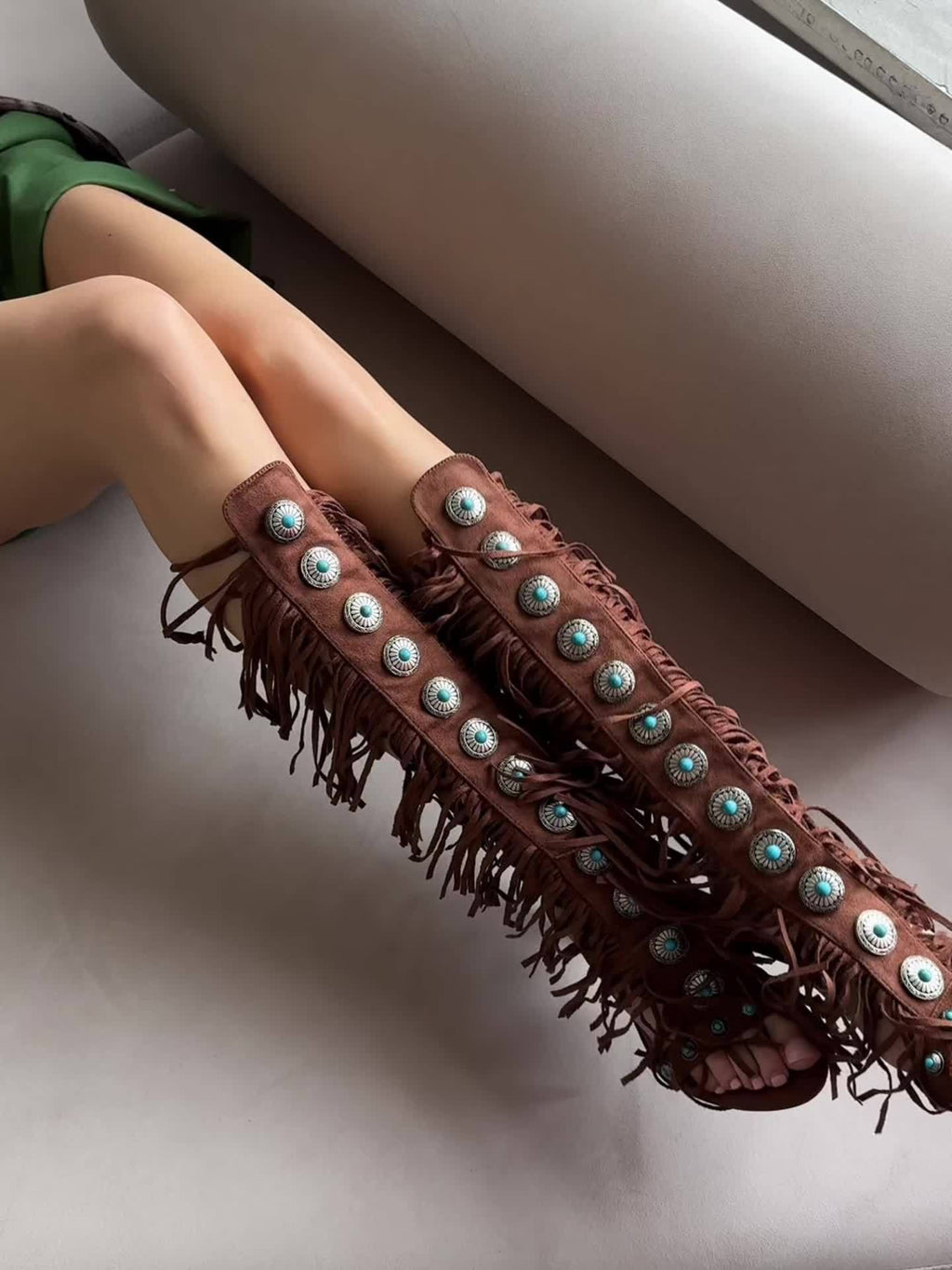 Women's Summer Knee-High Fringe Strappy Sandals - Ethnic Beaded Lace-Up Open Toe High Heel Boots with Tassels & Super High Heel, Fabric Upper & Rubber Sole for Dressy Festive Occasions