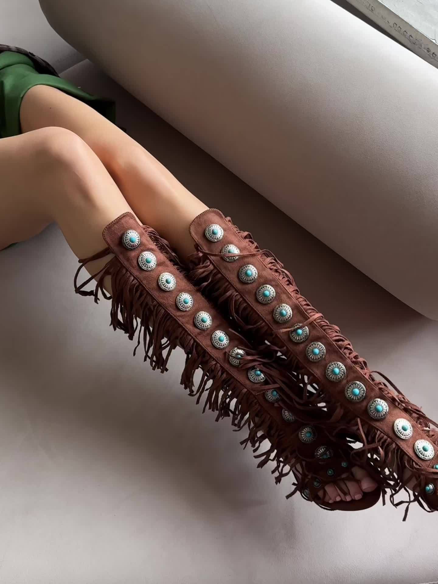 Women's Summer Knee-High Fringe Strappy Sandals - Ethnic Beaded Lace-Up Open Toe High Heel Boots with Tassels & Super High Heel, Fabric Upper & Rubber Sole for Dressy Festive Occasions