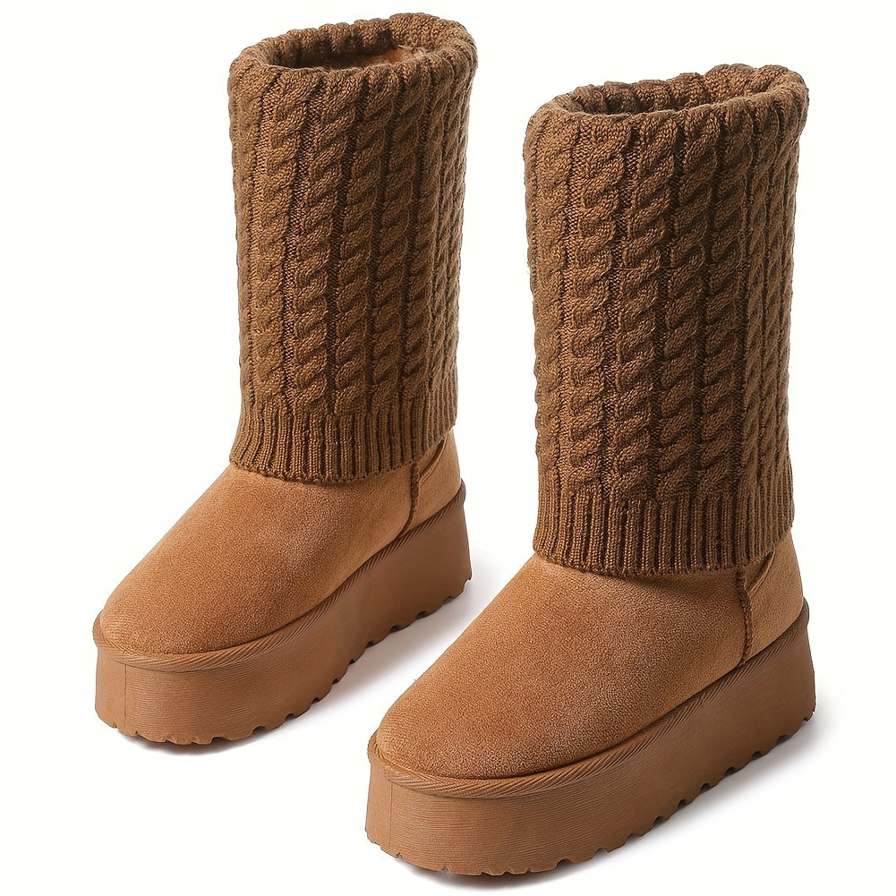 Women's Cozy Faux Fur-Lined Winter Snow Boots - Warm, Non-Slip Platform Wedge Heels with Thick Rubber Sole, Pull-On Comfort in Brown, Ribbed Knit Design for Added Warmth, Winter Boots