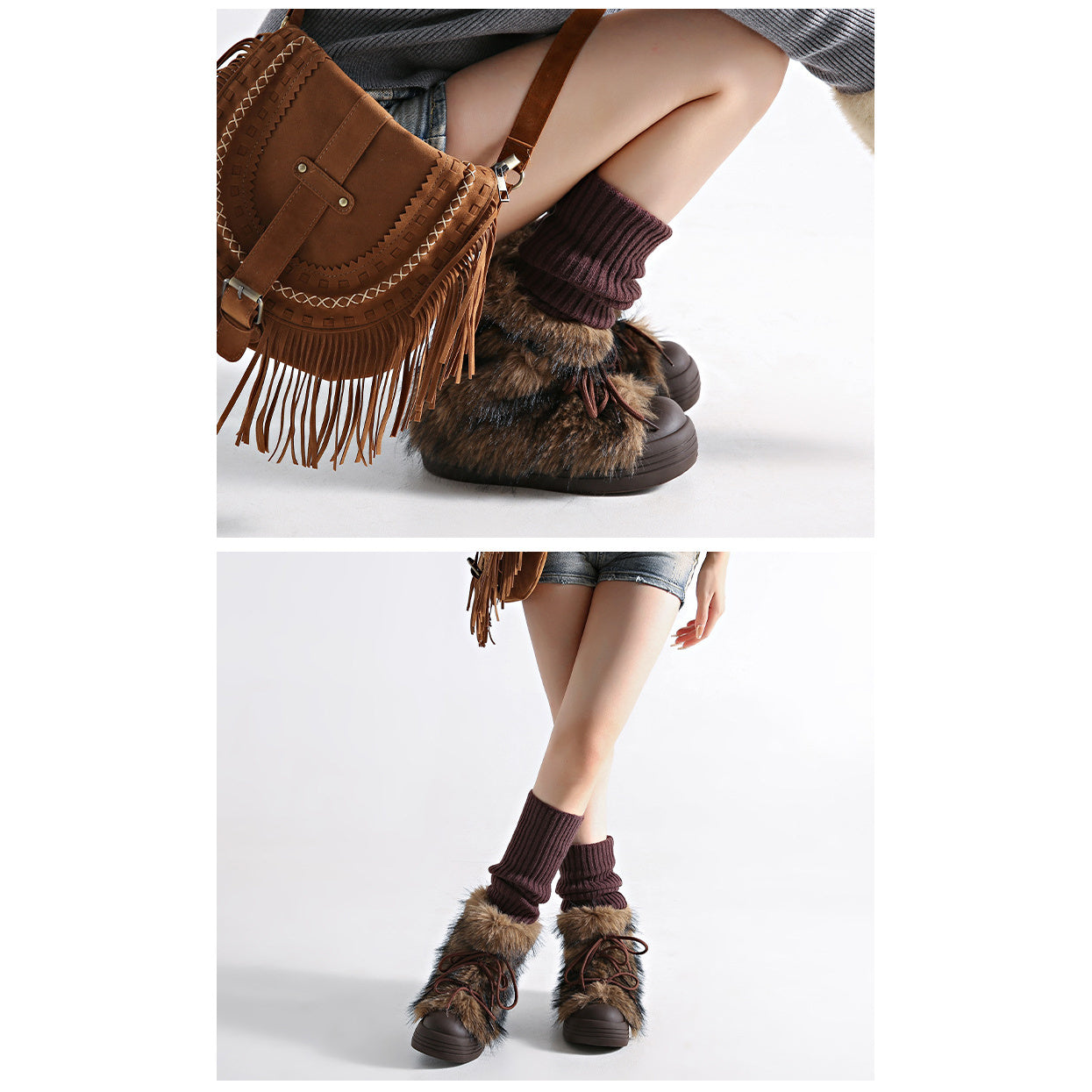 Women's Vintage Chunky Winter Boots with Thick Platform Sole - Cold-Resistant Warm Round Toe Snow Boots, Slip-Resistant Rubber Outsole & Faux Fur Collar, Height-Increasing Korean Winter Shoes for Women (Grey\u002FBlack\u002FBeige) - EVA Upper & PVC Lining