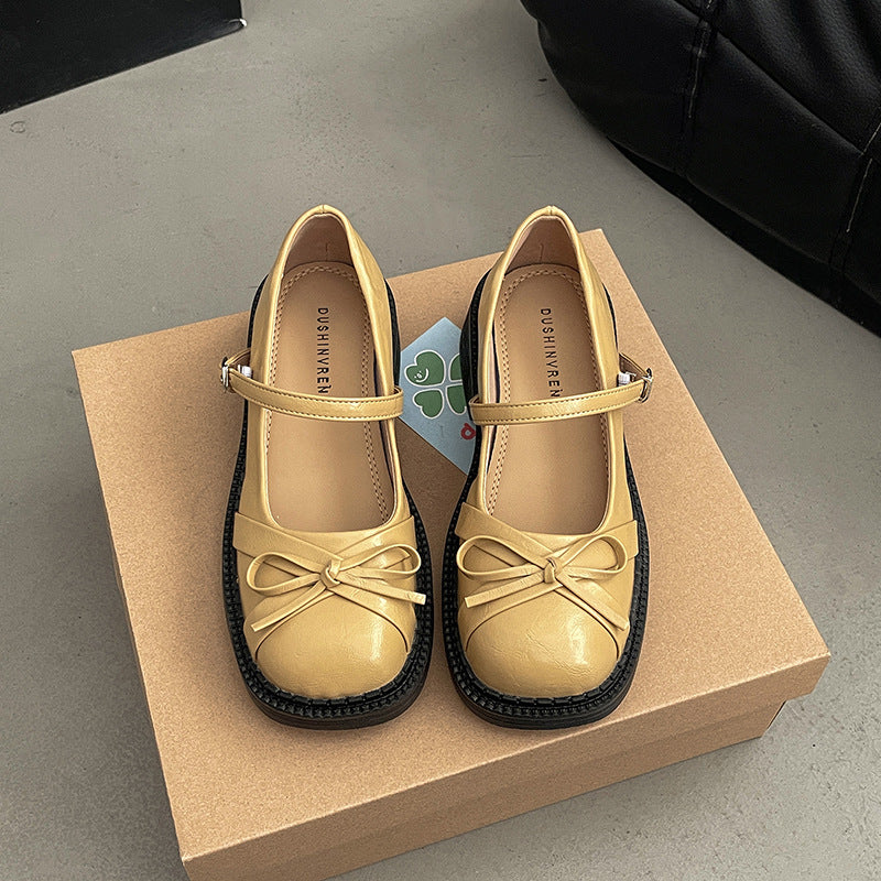 French new style spring and summer retro Women's chunky- heeled shoes, Silvery bow- adorned Mary Jane single- sole shoes, small Cover shoes