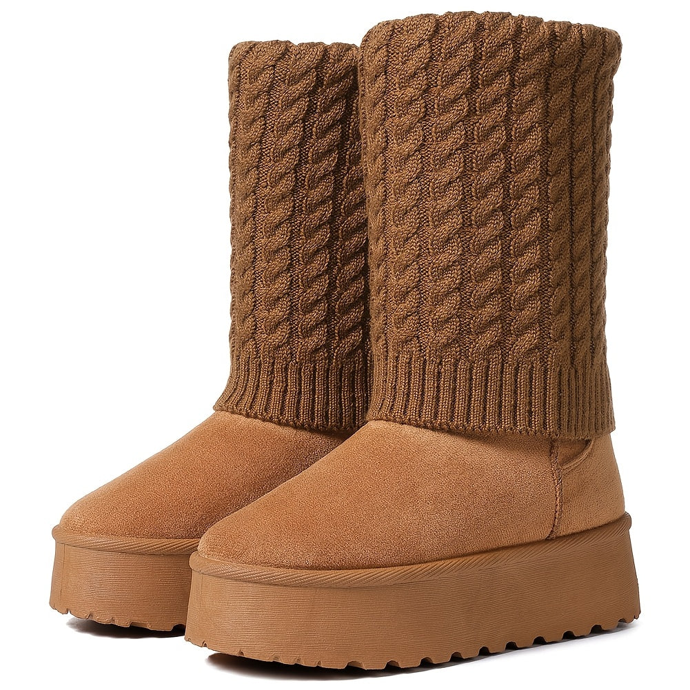 Women's Cozy Faux Fur-Lined Winter Snow Boots - Warm, Non-Slip Platform Wedge Heels with Thick Rubber Sole, Pull-On Comfort in Brown, Ribbed Knit Design for Added Warmth, Winter Boots