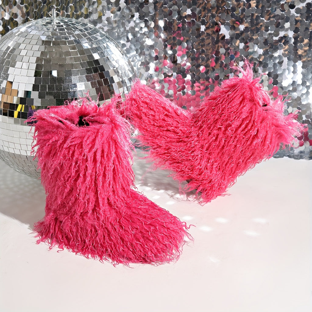 2025 Winter New Arrival Furry Faux Fur Boots Mid-Calf Tassel Outdoor Snow Boots Fashionable Cute Warm Puffy Short Mid-Calf Boots