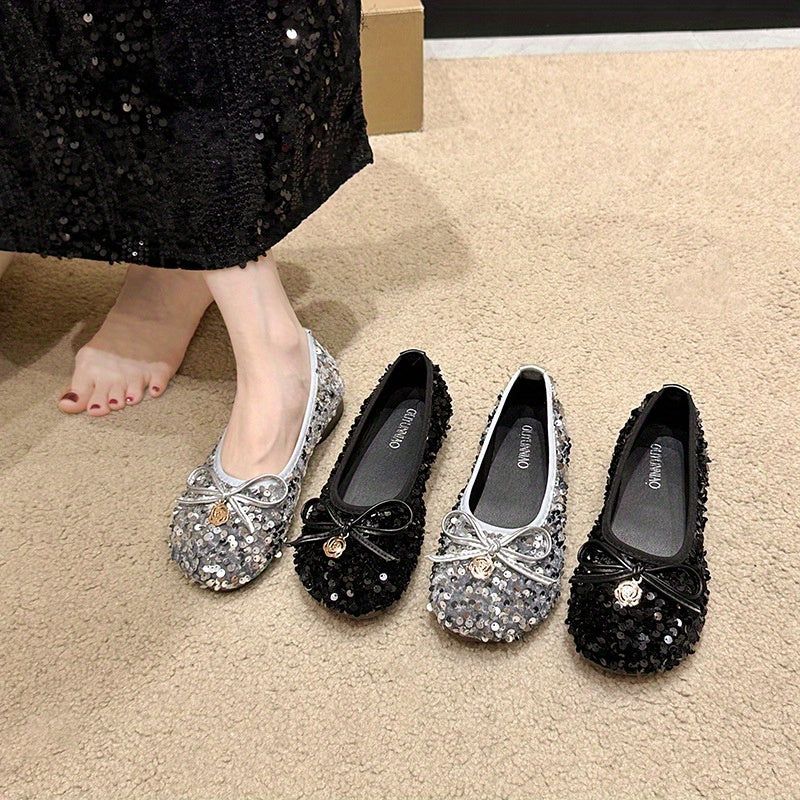 Women's sequined single- sole shoes, French- style retro Silvery bow fairy shoes, gentle and ladylike shoes matching with dresses, square- toed flat- soled soft- soled Women's sequined single- sole shoes