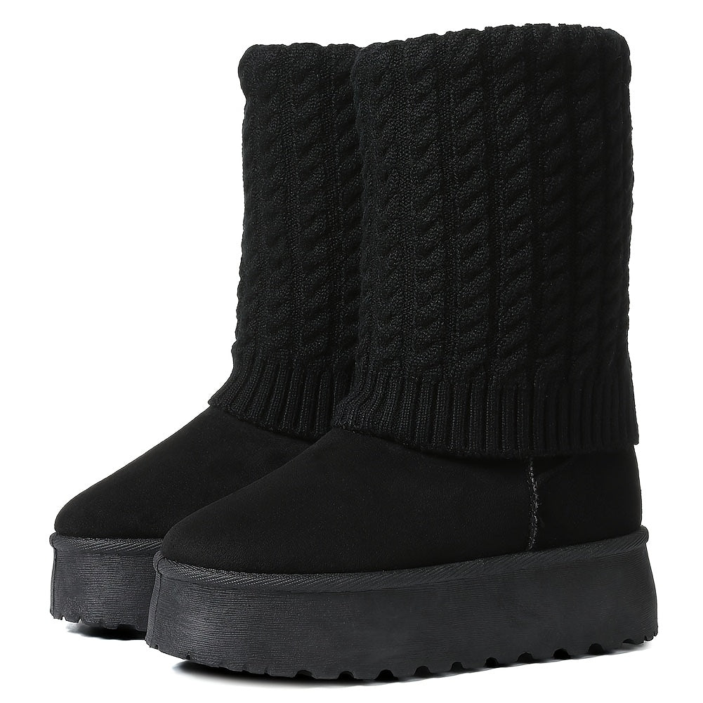 Women's Cozy Faux Fur-Lined Winter Snow Boots - Warm, Non-Slip Platform Wedge Heels with Thick Rubber Sole, Pull-On Comfort in Brown, Ribbed Knit Design for Added Warmth, Winter Boots