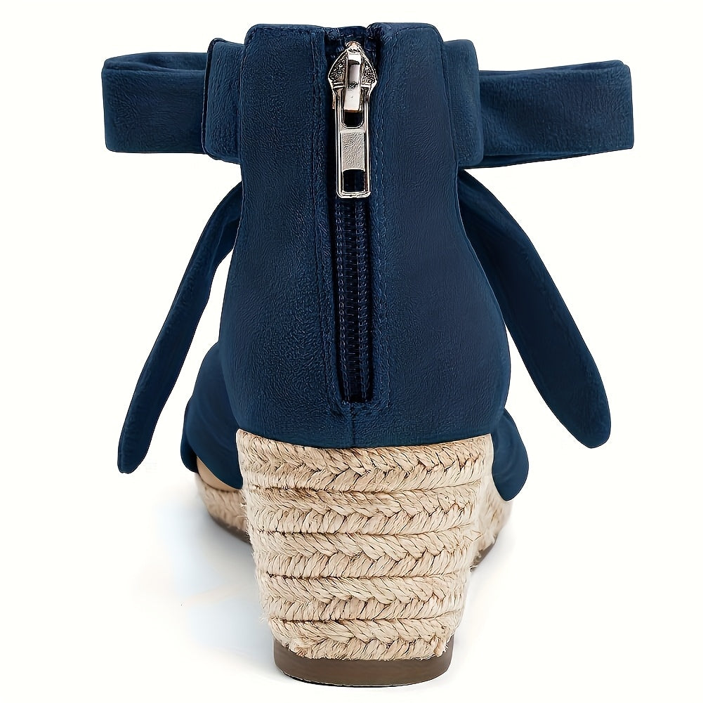 Women'S Grass Woven Slope Heel Sandals, High Heels, Open Toe Bow Zippered Lace Up Ankle Strap Shoes