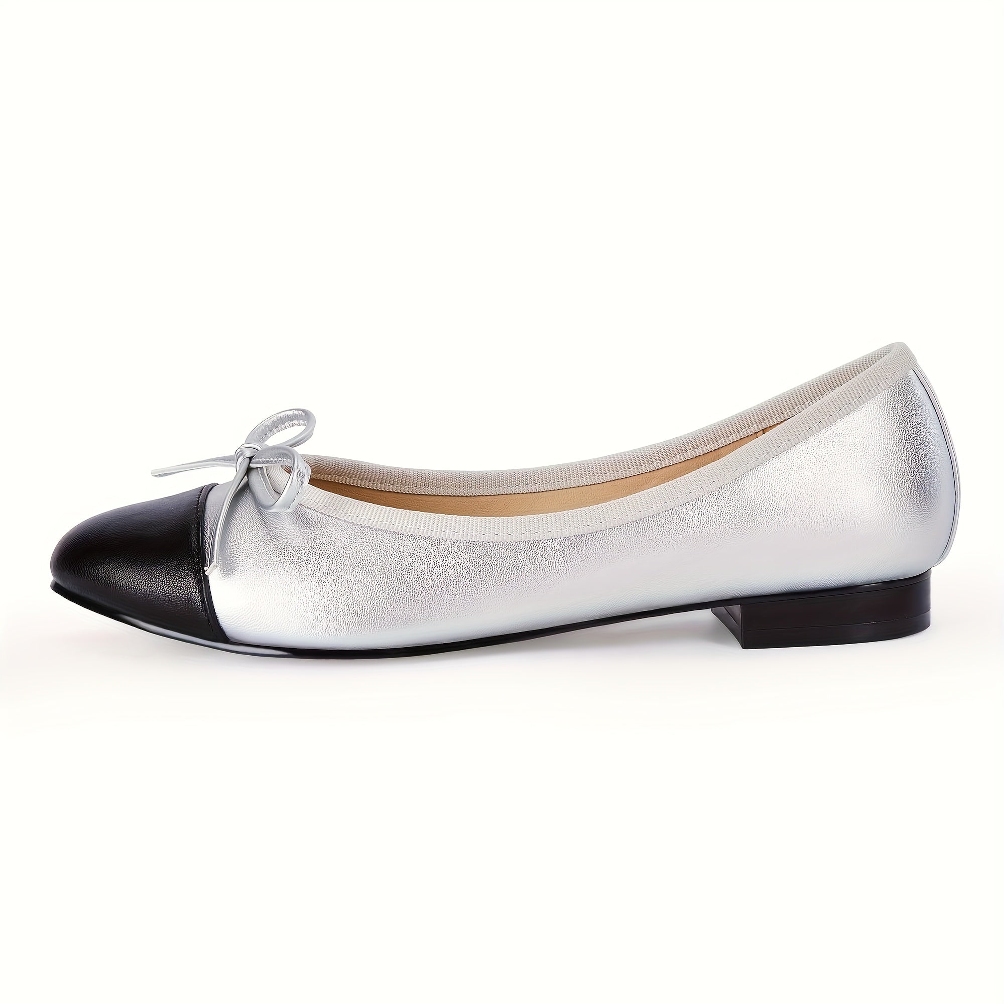 Chic Women's Slip-On Ballet Flats with Bow Detail - Pointed Toe, Faux Cover Cap Design in Black & White, Comfortable for Office, Work, and Party Wear