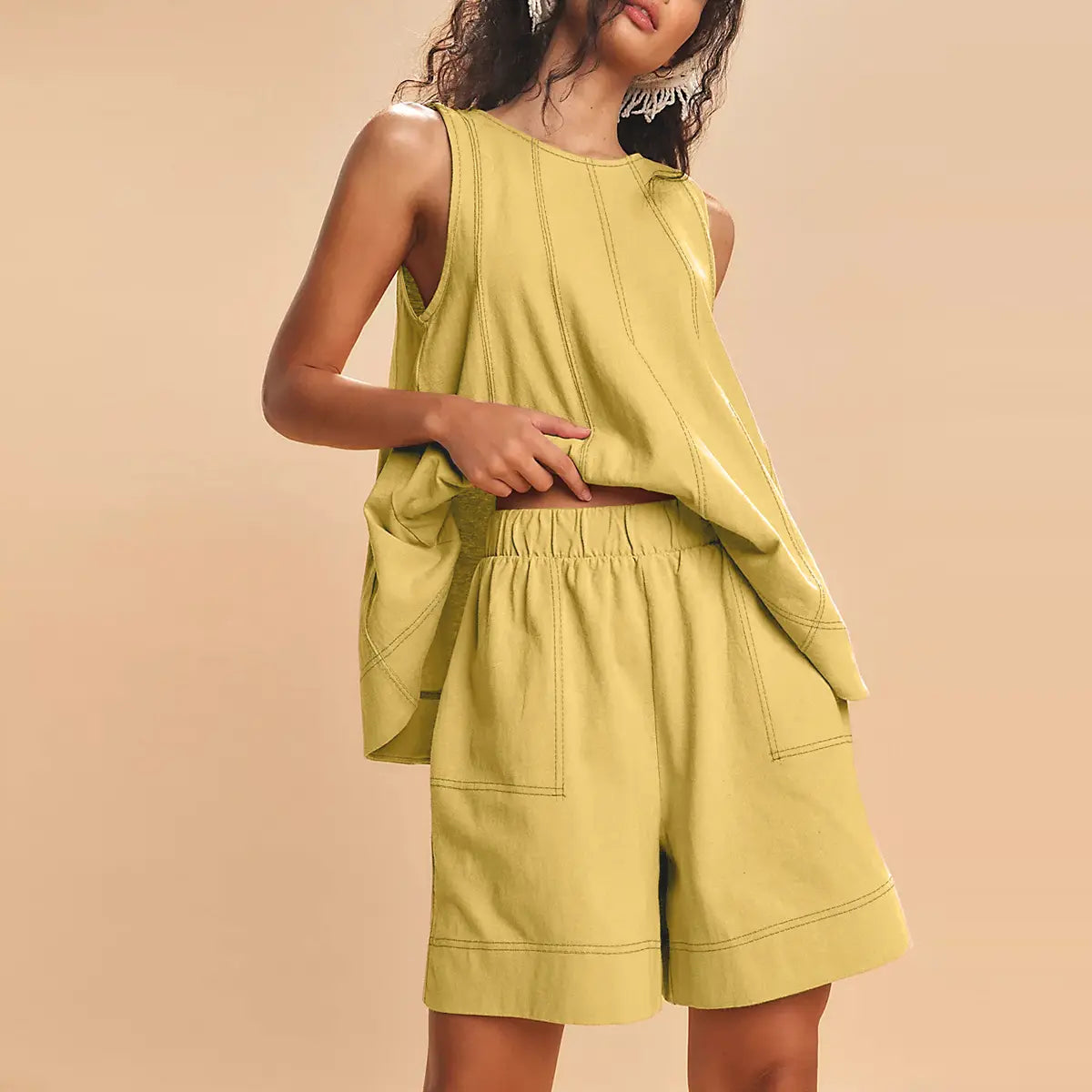 Elegant Solid Co-ord Set: Round Neck Tank Top & Wide-Leg Shorts