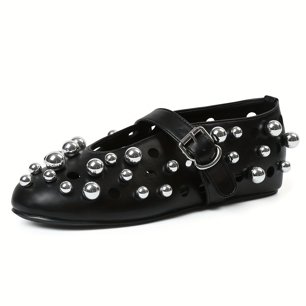 Lightweight Design| Women's Black Rivet Mary Jane Flats with Buckle Strap – Elegant Round Toe, Studded Detail, Comfortable Low Heel, Luxury Ballet Style, Ballet Shoes