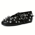 Lightweight Design| Women's Black Rivet Mary Jane Flats with Buckle Strap – Elegant Round Toe, Studded Detail, Comfortable Low Heel, Luxury Ballet Style, Ballet Shoes