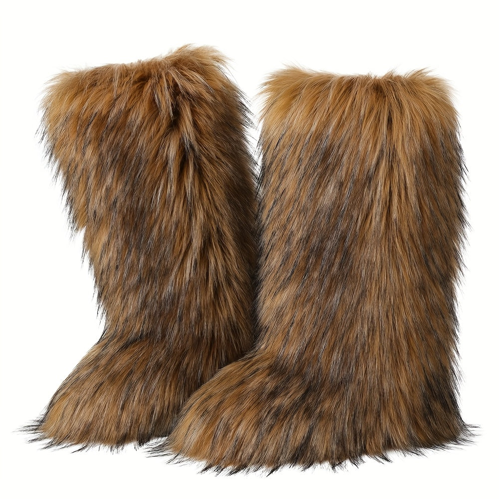 Women's Faux Fur Winter Snow Boots - Warm Plush Lined, Fluffy Knee-High Fashion Boots with Flat Heel, Ideal for Y2K Halloween Party and Casual Wear, Casual Snow Boots|Y2K Fashion Boots|Rubber Sole Boots, Winter Boots