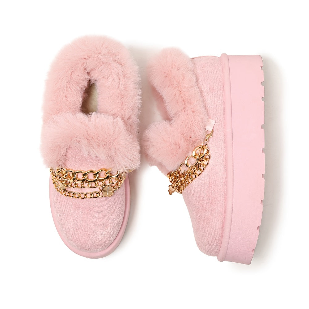 Women's Cozy Faux Fur-Lined Slipper Boots with Golden Chain Detail - Warm, Comfy, and Stylish Black Platform Ankle Boots for Indoor or Outdoor Use, Outdoor Slippers | Fashionable Snow Boots | Textured Fabric Upper, Ladies Slippers