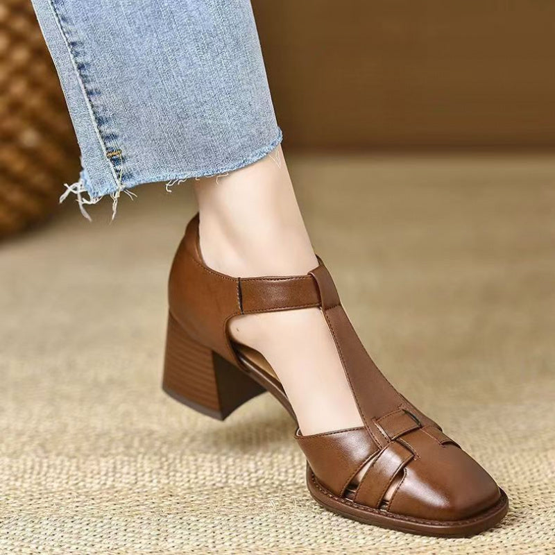 Women'S French Vintage Square Toe Chunky Heel Sandals - Brown Synthetic Cover with Adjustable Buckle Straps, Comfortable Round Toe Design for Casual & Formal Outfits, Chunky Heel Sandals, Formal Footwear, Elegant Footwear, Durable Footwear