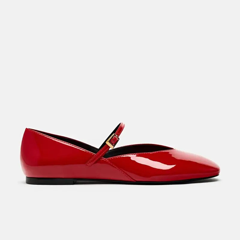 Women's Mary Jane Shoes with One-Strap Buckle - Glossy Red\u002FBlack\u002FWhite Ballet Flats | EVA Lightweight & Machine Washable | Versatile Round-Toe Low-Top Design for Casual, Office, Semi-Formal | Comfortable All-Day Wear with Durable EVA Insole & Ou