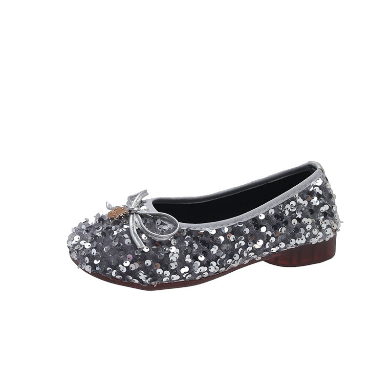 Women's sequined single- sole shoes, French- style retro Silvery bow fairy shoes, gentle and ladylike shoes matching with dresses, square- toed flat- soled soft- soled Women's sequined single- sole shoes