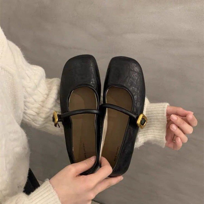 Women'S French-Inspired Black Mary Jane Flats - Slip-On Square Toe Flat Shoes with Adjustable Straps, Breathable EVA Upper & Rubber Sole, All-Season Comfort for Casual & Formal Wear, Mary Jane Shoes, Formal Footwear, Classic Mary Jane Design, Durable Foot