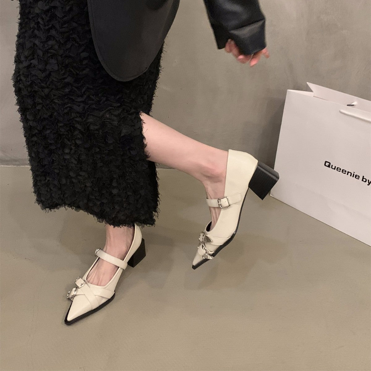 Women's French-Style Mary Jane Pointed-Toe High Heel Shoes - PU Cover-like Glossy Faux Cover with Golden Buckle Strap, Solid Black\u002FWhite\u002FBrown\u002FTan\u002FBurgundy - All-Season Elegant Dress Shoes with EVA Cushioned Insole & Rubber Sole, Hand