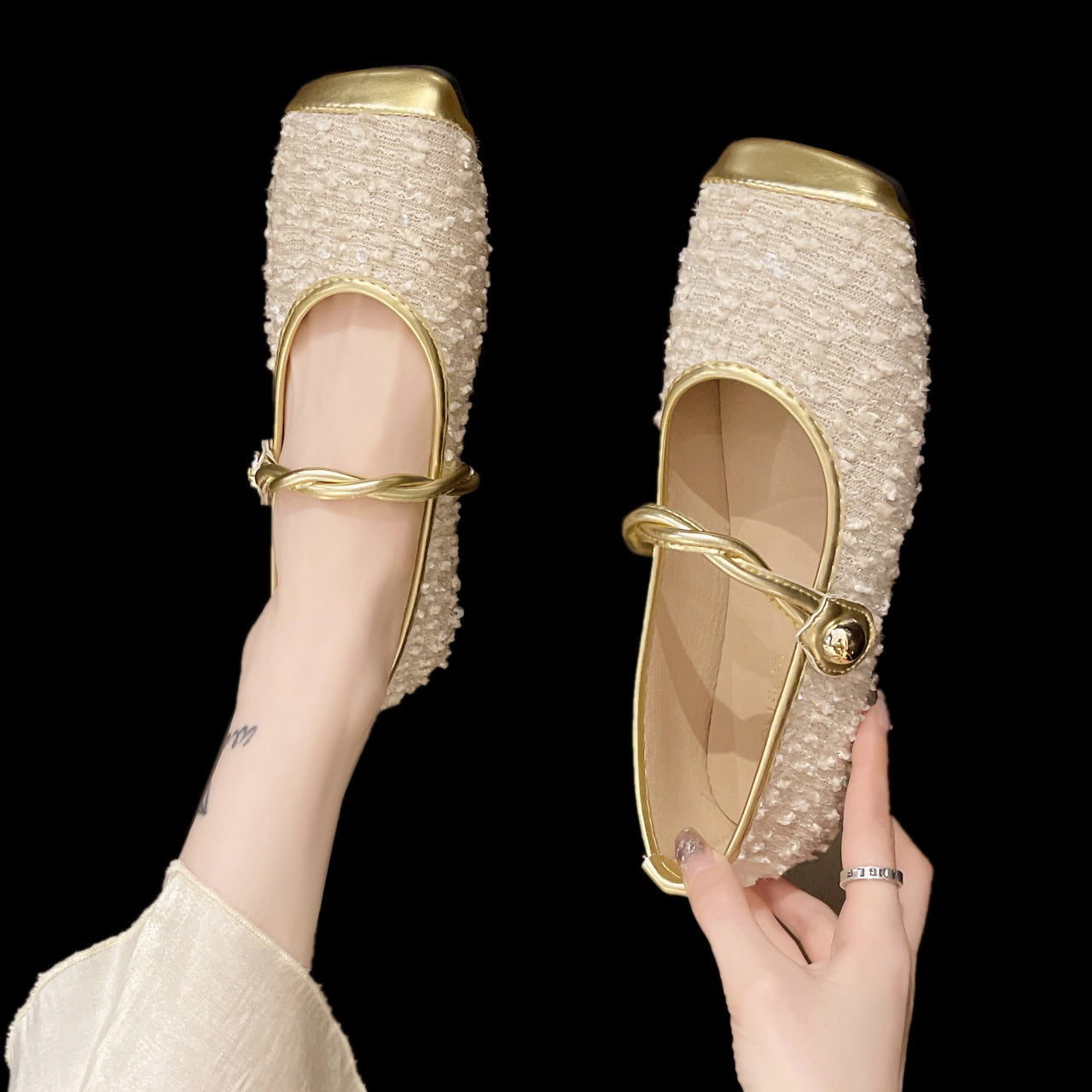 Women's Sparkling Sequin French Slip-On Shoes - Elegant Square Toe Low-Cut Flat Sole with Buckle Closure, All-Season Casual to Semi-Formal Black Sparkling Flats, Comfortable EVA Insole & Rubber Outsole for Parties, Office, Casual Attire