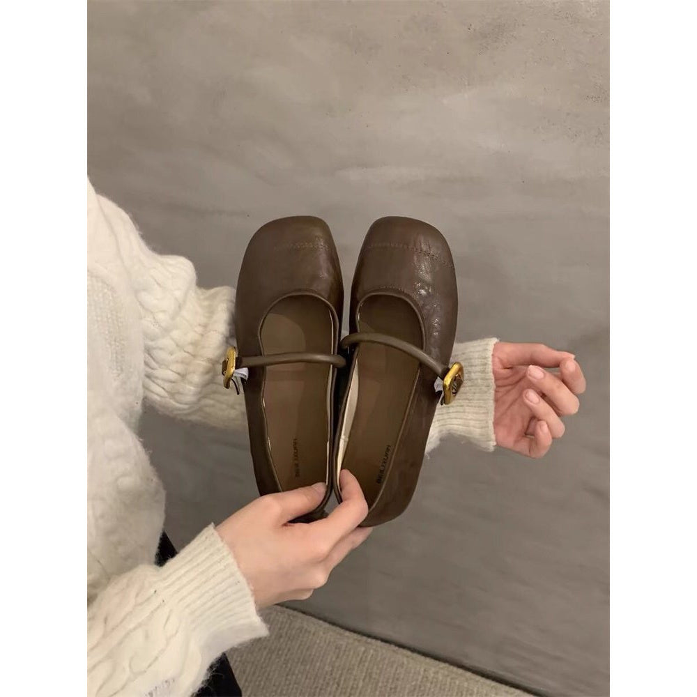 Women's Black French-Inspired Square Toe Mary Jane Flats - Slip-On Retro EVA Shoes with Fabric Lining & Rubber Sole, Breathable All-Season Comfort for Casual Formal Wear