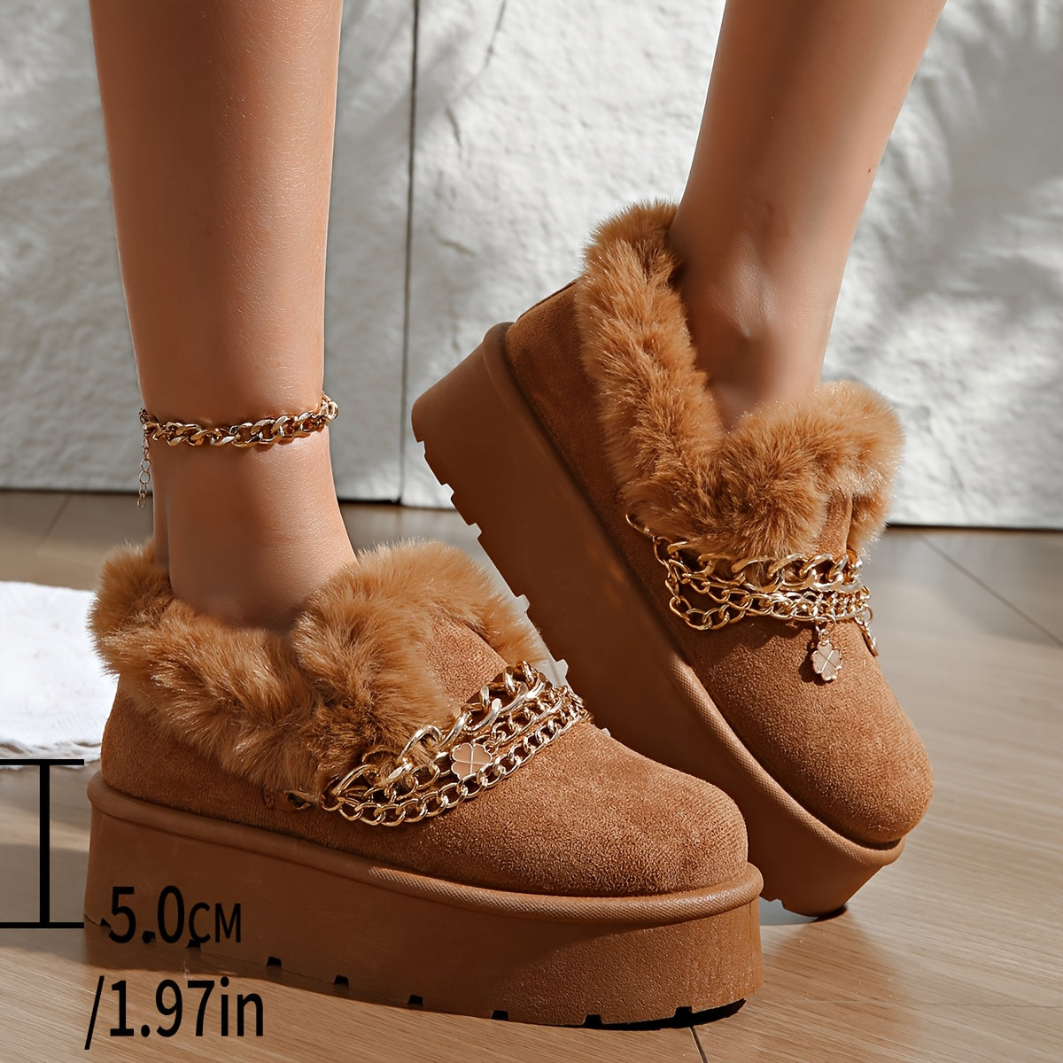 Women's Cozy Faux Fur-Lined Slipper Boots with Golden Chain Detail - Warm, Comfy, and Stylish Black Platform Ankle Boots for Indoor or Outdoor Use, Outdoor Slippers | Fashionable Snow Boots | Textured Fabric Upper, Ladies Slippers