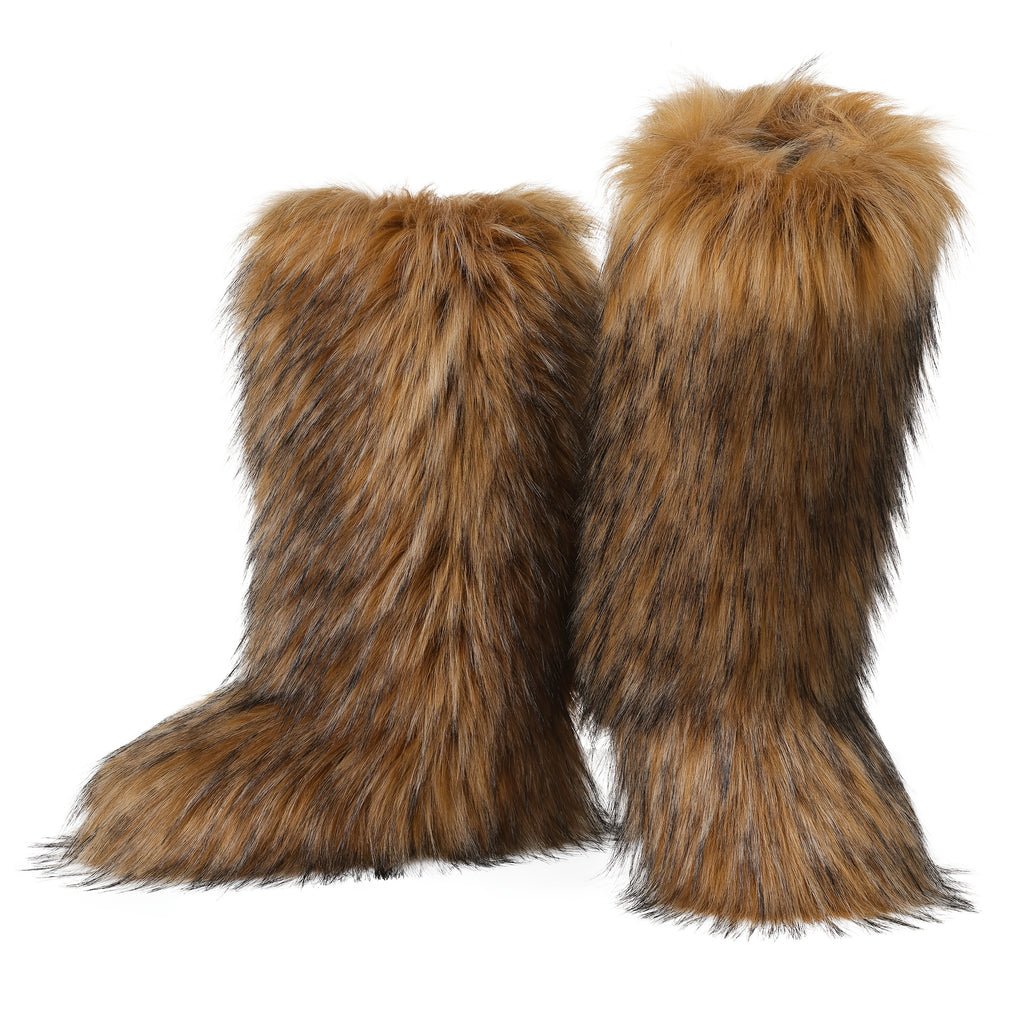 Women's Faux Fur Winter Snow Boots - Warm Plush Lined, Fluffy Knee-High Fashion Boots with Flat Heel, Ideal for Y2K Halloween Party and Casual Wear, Casual Snow Boots|Y2K Fashion Boots|Rubber Sole Boots, Winter Boots
