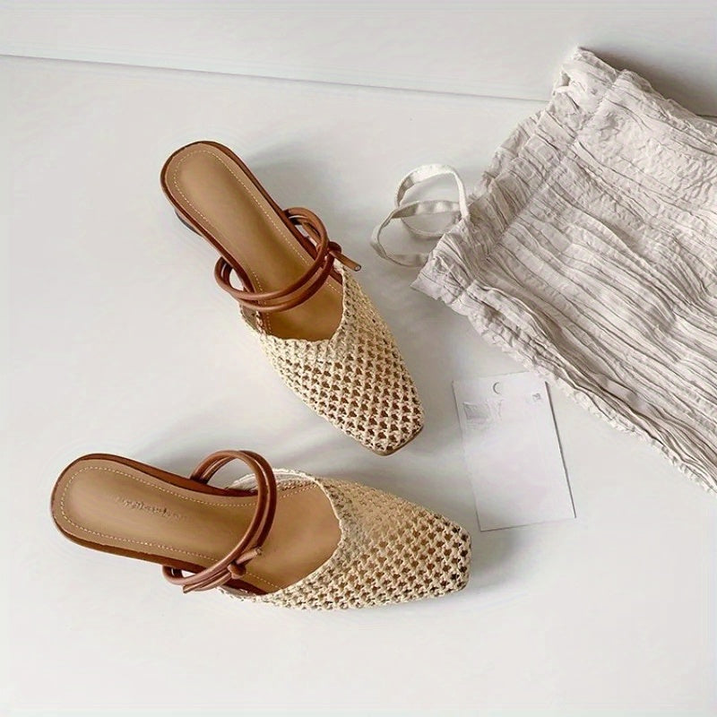 Women's Vintage French Fairy Slip-On Shoes - Beige\u002FWhite Woven Slip-On Slippers with Thick Heel, Cushioned Insole - All-Season Indoor\u002FOutdoor House Shoes for Women, Non-Slip Rubber Sole - Easy Slip-On Closure, Indoor Footwear, Retro Aesthetic, D