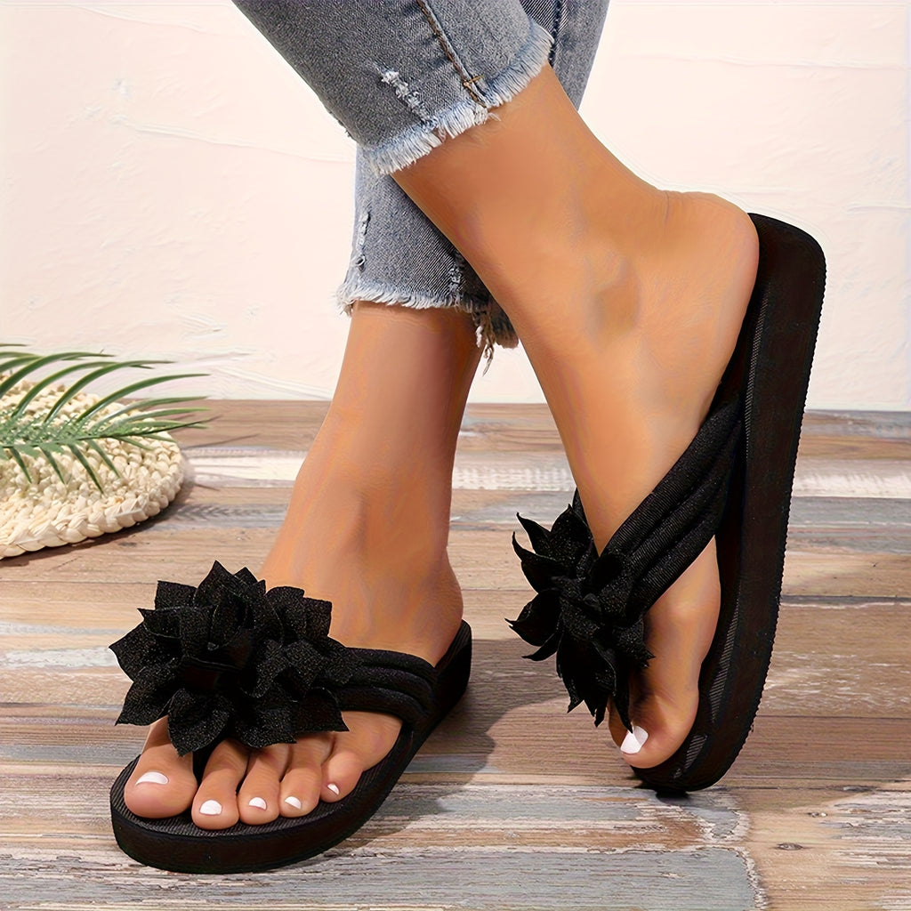 Ladies' Black Floral One-Strap Open Toe Sandals - EVA Insole, Anti-Slip Rubber Outsole - All-Season Indoor\u002FOutdoor Casual - Daily\u002FFormal Use - Breathable, Comfortable Slippers - Fashionable Home Shoes, Summer Essential