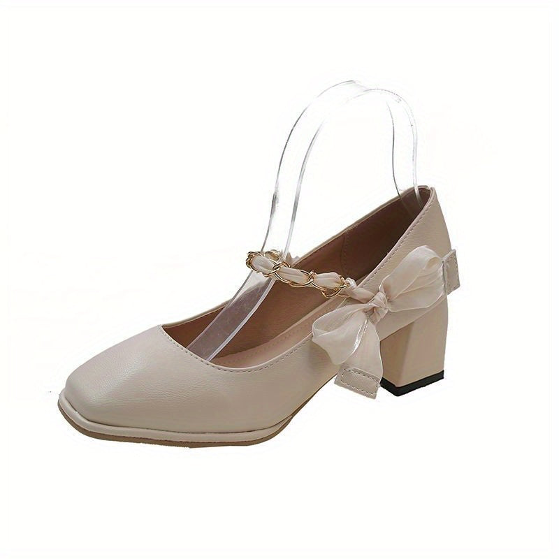 Elegant Retro Mary Jane Shoes - Square Toe, High Heels with Sequin Detail, PU Cover & Rubber Sole, Summer Women'S Fashion Footwear, Ladies Shoes