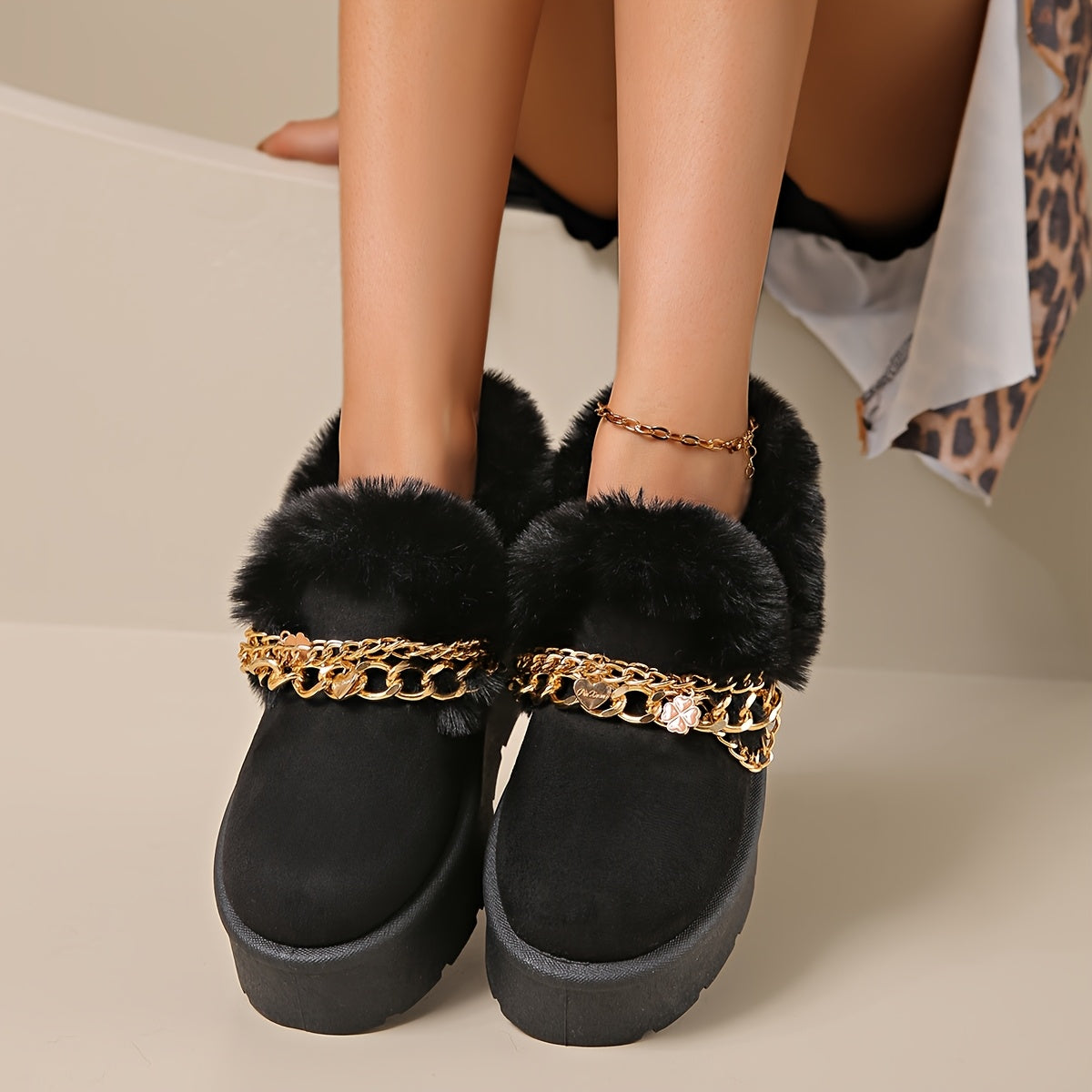 Women's Cozy Faux Fur-Lined Slipper Boots with Golden Chain Detail - Warm, Comfy, and Stylish Black Platform Ankle Boots for Indoor or Outdoor Use, Outdoor Slippers | Fashionable Snow Boots | Textured Fabric Upper, Ladies Slippers
