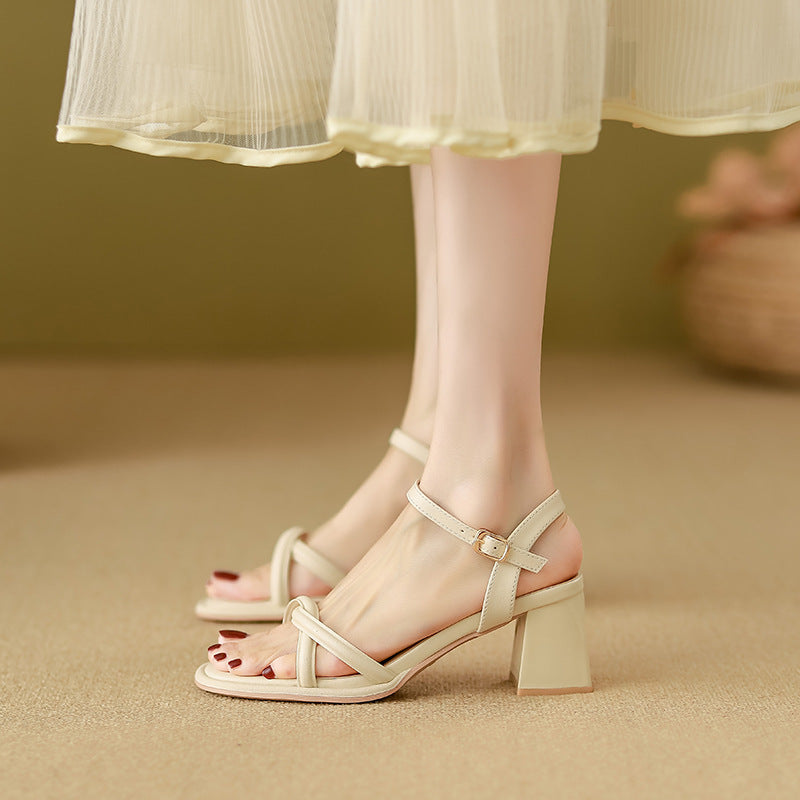 Women's Elegant Lace-Up Cross Strap Sandals - Chunky Heel for Stability, Beige\u002F\u002FWhite\u002F, Open-Toe Party & Everyday Shoes with Cushioned Insole - Formal & Casual Outfits