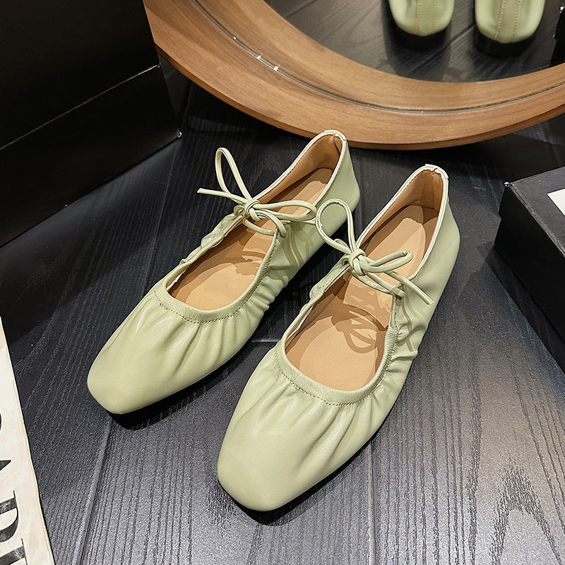 Metallic Pleated Detail Square Toe Flat Shoes Charming Outdoor Flat Shoes French Soft Cover Soft Bottom Retro Beautiful Flat Shoes Niche Lace-up Loafers Golden Silvery Mary Jane Single Shoes Women, Designer Shoes for Women, Shoes for Women Comfortable, Wi